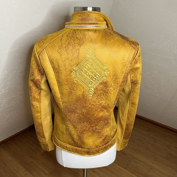 Desigual Moto Jacket Womens 38 M Mustard Yellow Faux Suede Embroidered Mandala - Picture 12 of 13